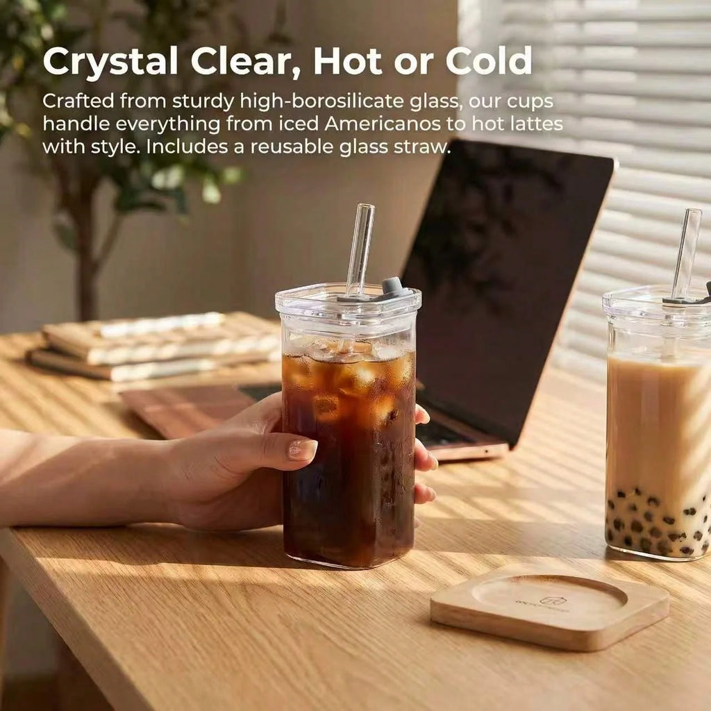 Lot de 4 Tasses à Café Carrées en Verre 385ml avec Couvercles et Pailles