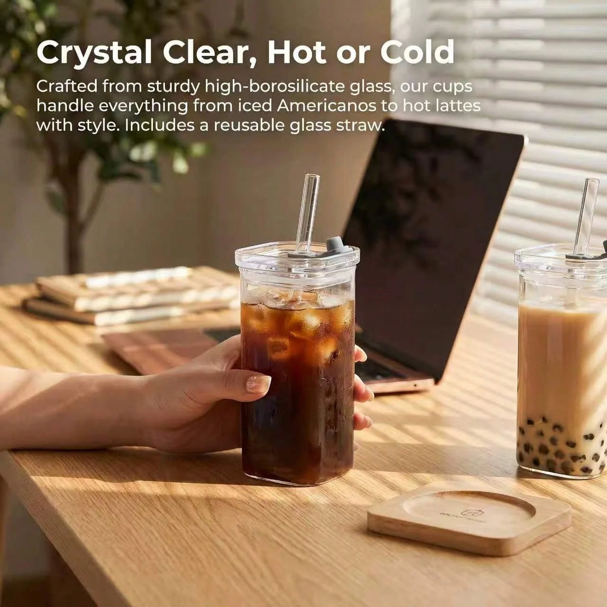 Lot de 4 Tasses à Café Carrées en Verre 385ml avec Couvercles et Pailles