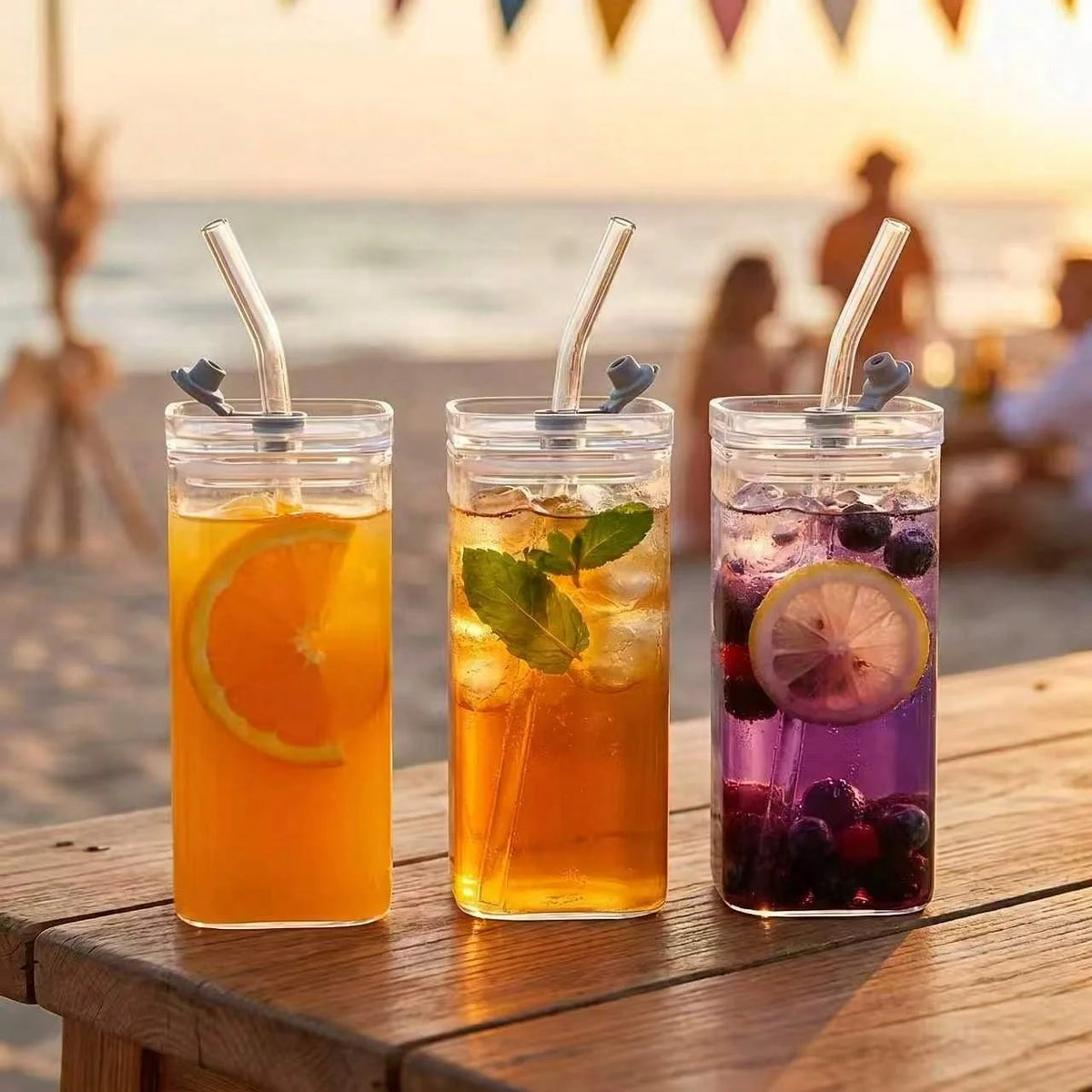 Lot de 4 Tasses à Café Carrées en Verre 385ml avec Couvercles et Pailles