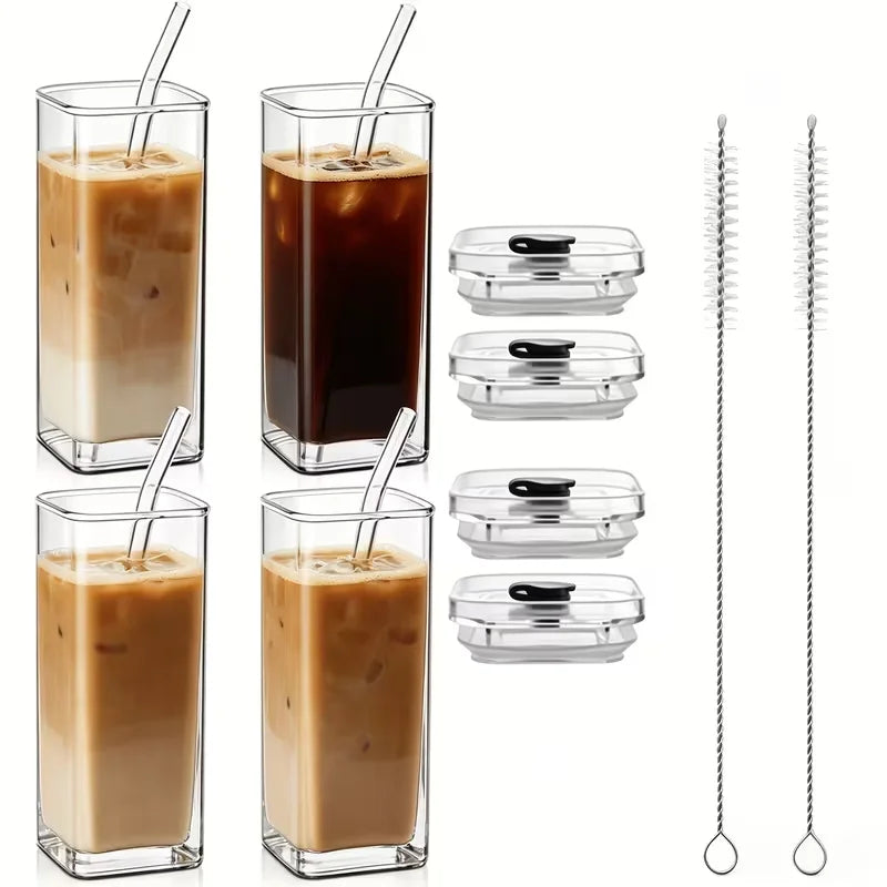 Lot de 4 Tasses à Café Carrées en Verre 385ml avec Couvercles et Pailles