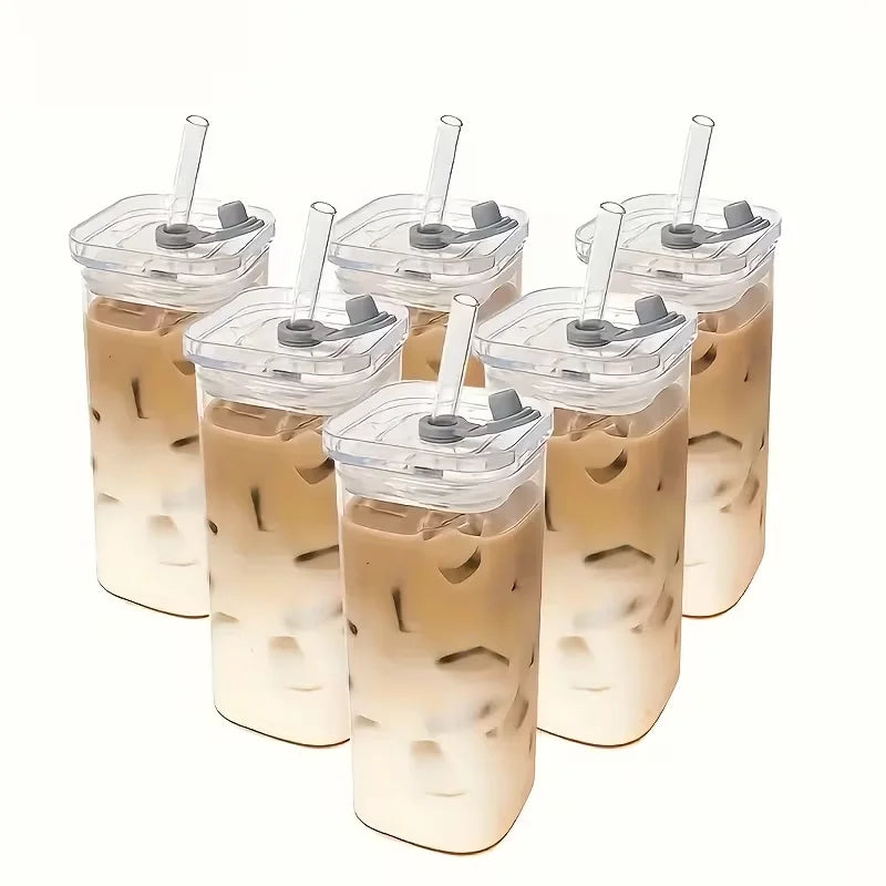 Lot de 4 Tasses à Café Carrées en Verre 385ml avec Couvercles et Pailles