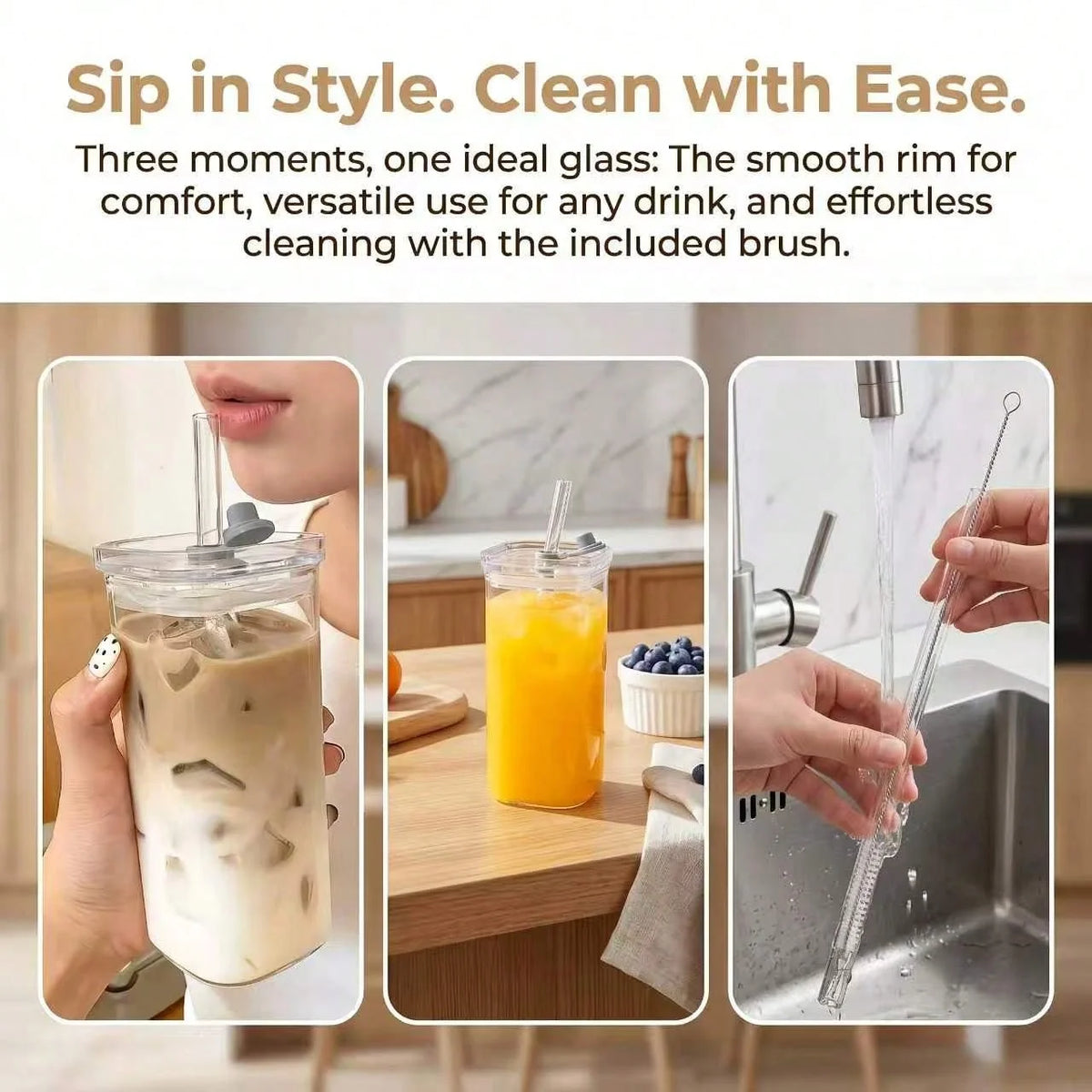 Lot de 4 Tasses à Café Carrées en Verre 385ml avec Couvercles et Pailles