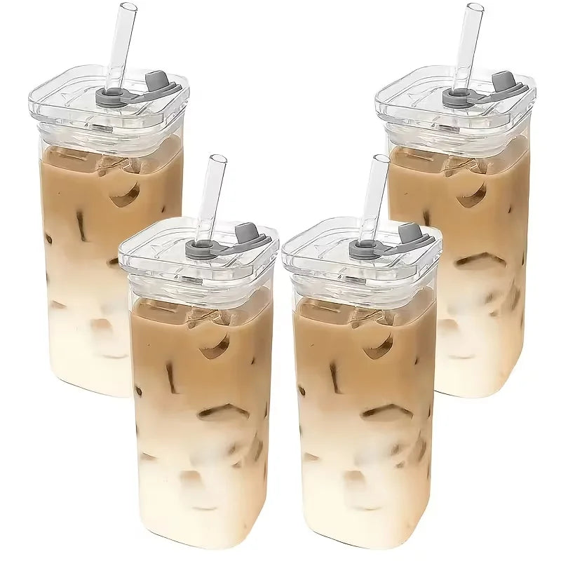 Lot de 4 Tasses à Café Carrées en Verre 385ml avec Couvercles et Pailles