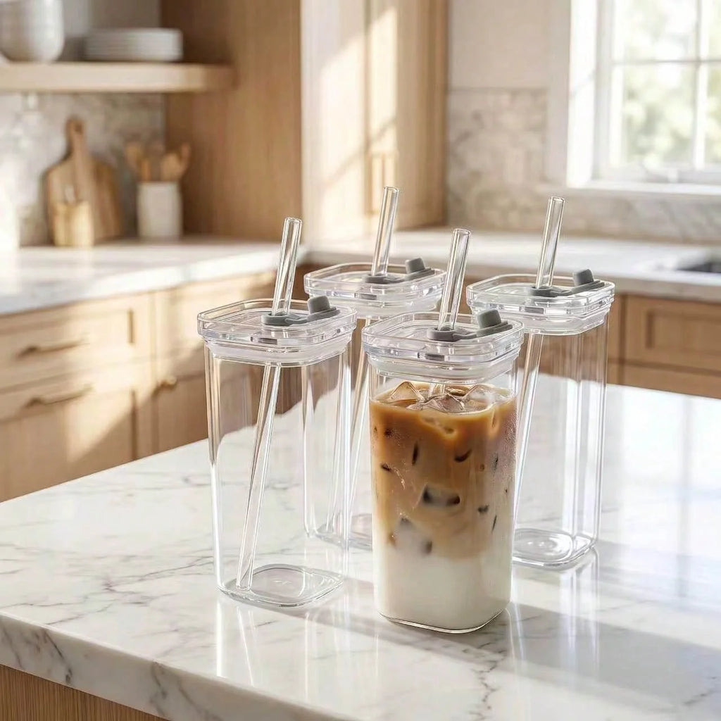 Lot de 4 Tasses à Café Carrées en Verre 385ml avec Couvercles et Pailles